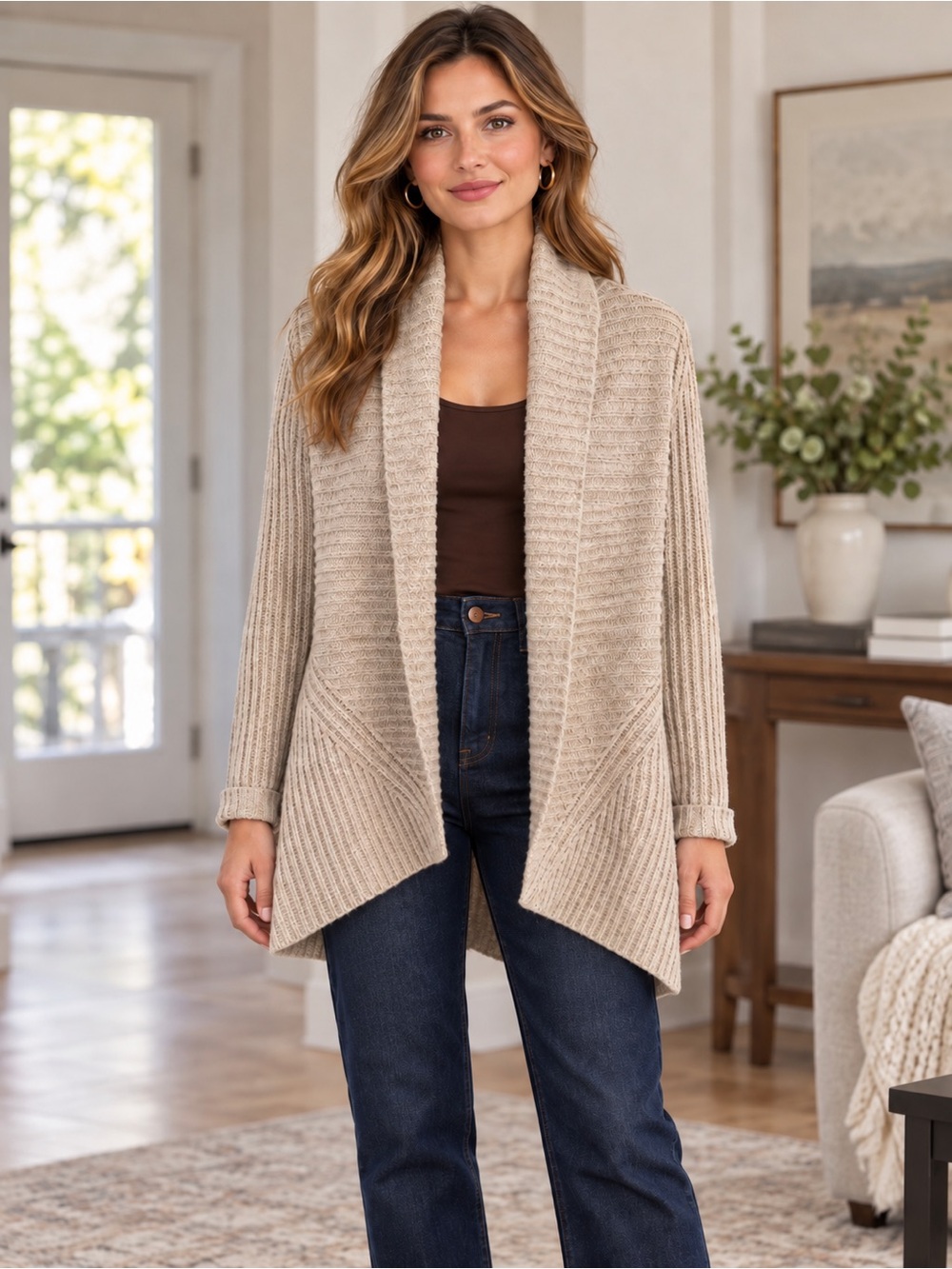 Kensie Beige Ribbed Open Front Shawl Cardigan Sweater Size XS